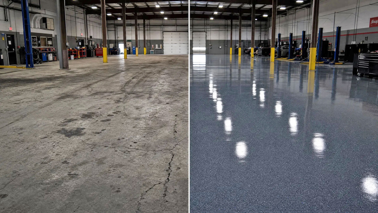 Commercial floor coating before and after — auto shop workspace